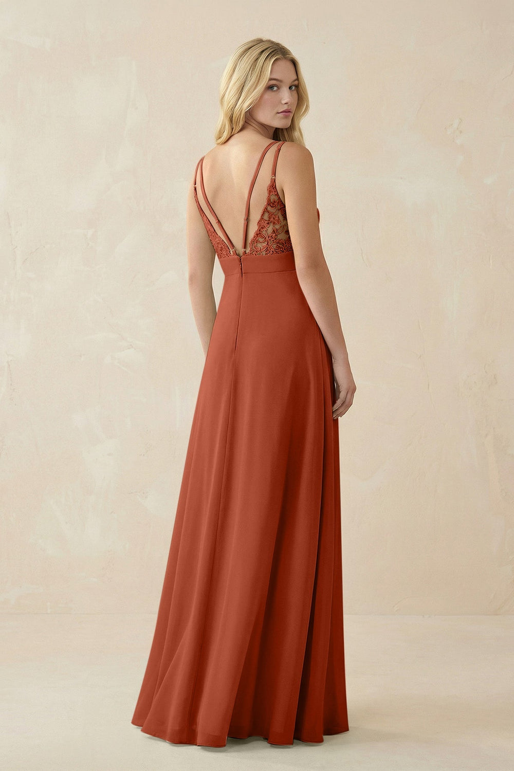 V - Neck Ruched Chiffon Bridesmaid Dress with Slit in Spice - SHE IS ME Bridesmaid Dresses