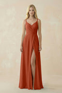 V - Neck Ruched Chiffon Bridesmaid Dress with Slit in Spice - SHE IS ME Bridesmaid Dresses