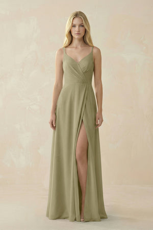 V - Neck Ruched Chiffon Bridesmaid Dress with Slit in Thyme - SHE IS ME Bridesmaid Dresses