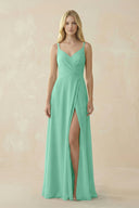 V - Neck Ruched Chiffon Bridesmaid Dress with Slit in Turquoise - SHE IS ME Bridesmaid Dresses