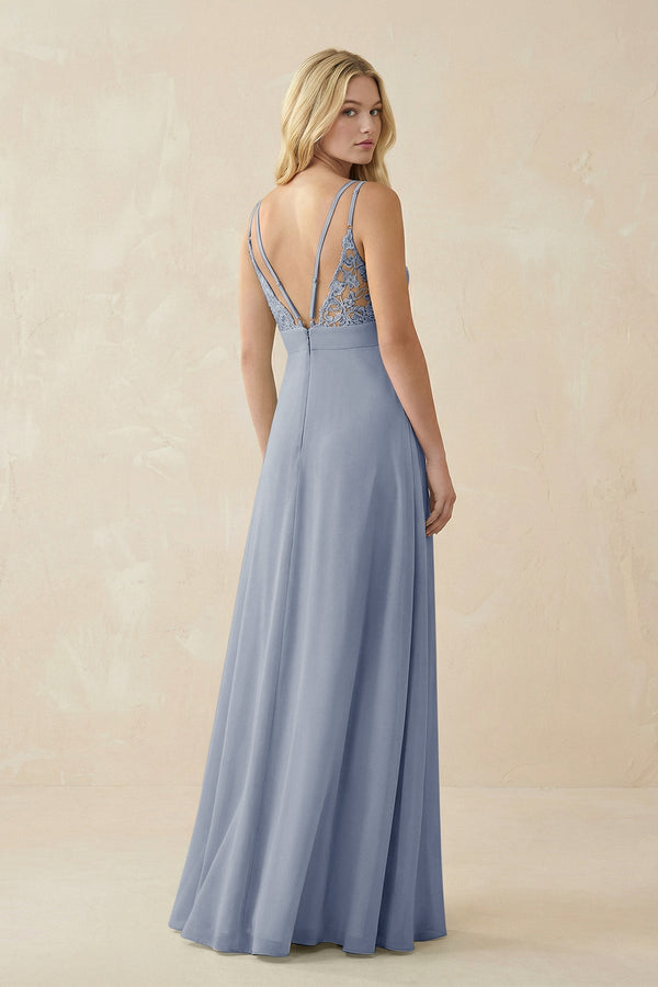 V - Neck Ruched Chiffon Bridesmaid Dress with Slit in Twilight - SHE IS ME Bridesmaid Dresses