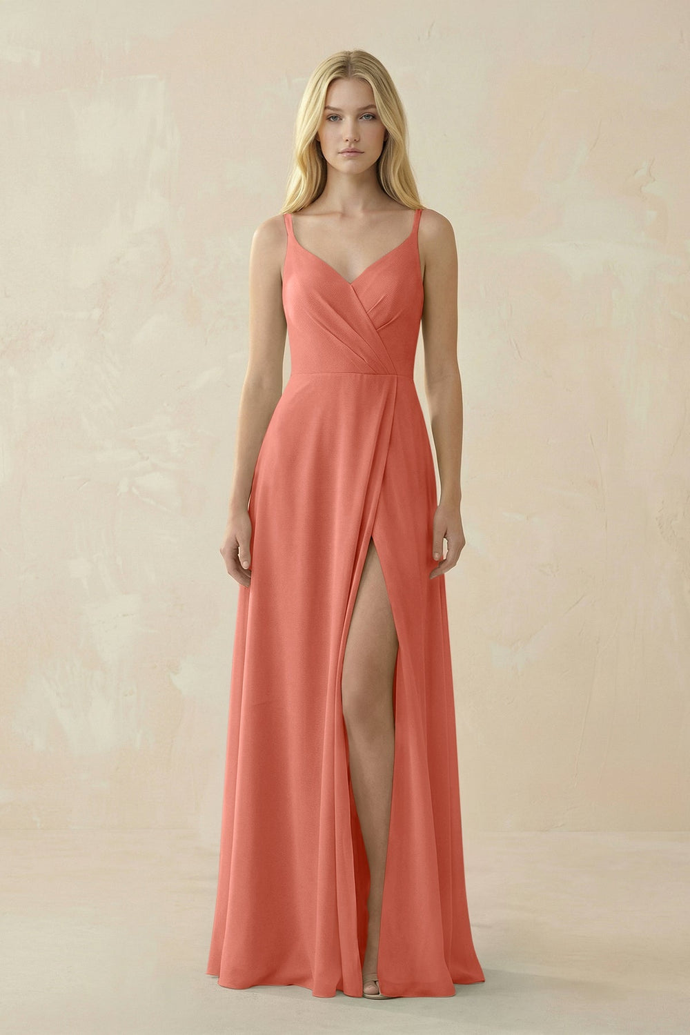 V - Neck Ruched Chiffon Bridesmaid Dress with Slit in Wild Rose - SHE IS ME Bridesmaid Dresses