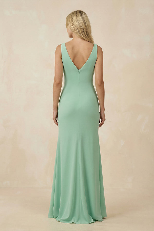 V-Neck Ruched Sheath Bridesmaid Dress with Slit in Pale Pistachio - SHE IS ME BRIDESMAID DRESSES