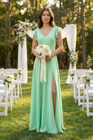 V-Neck Ruffled A-Line Chiffon Bridesmaid Dress in Pale Pistachio - SHE IS ME BRIDESMAID DRESSES