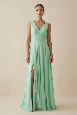 V - Neck Ruffled A - Line Chiffon Bridesmaid Dress - SHE IS ME Bridesmaid Dresses