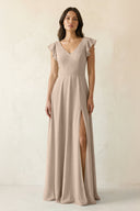 V - Neck Ruffled A - Line Chiffon Bridesmaid Dress in Almond - SHE IS ME Bridesmaid Dresses