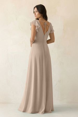 V - Neck Ruffled A - Line Chiffon Bridesmaid Dress in Almond - SHE IS ME Bridesmaid Dresses