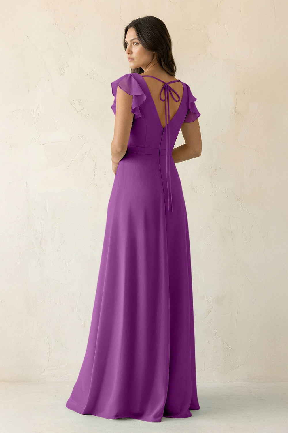 V - Neck Ruffled A - Line Chiffon Bridesmaid Dress in Amethyst - SHE IS ME Bridesmaid Dresses