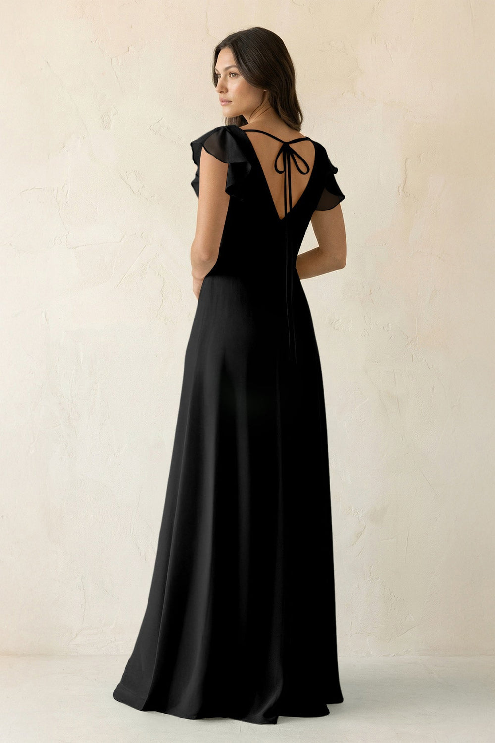 V - Neck Ruffled A - Line Chiffon Bridesmaid Dress in Black - SHE IS ME Bridesmaid Dresses