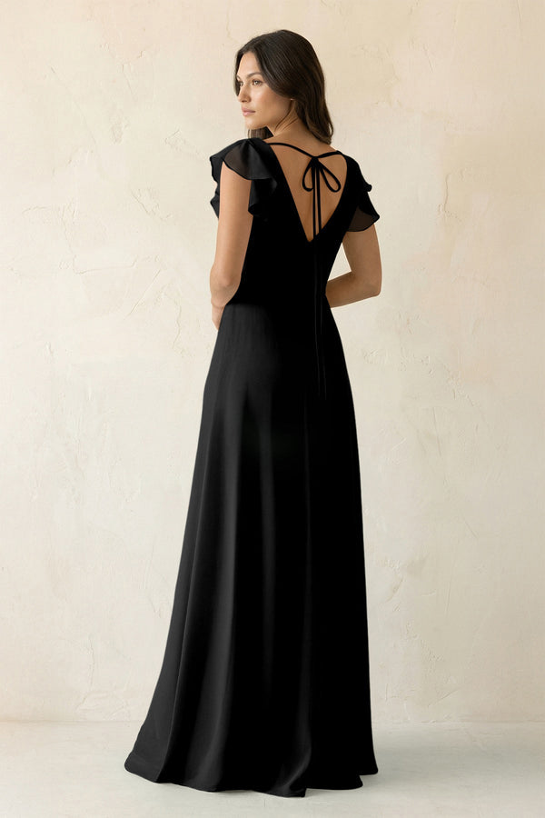 V - Neck Ruffled A - Line Chiffon Bridesmaid Dress in Black - SHE IS ME Bridesmaid Dresses