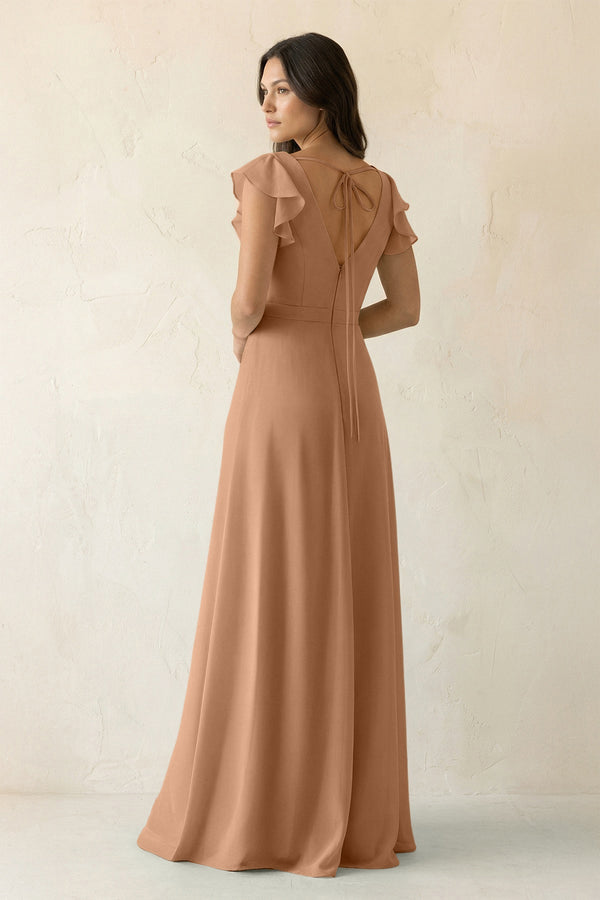 V - Neck Ruffled A - Line Chiffon Bridesmaid Dress in Bronzer - SHE IS ME Bridesmaid Dresses