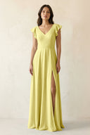 V - Neck Ruffled A - Line Chiffon Bridesmaid Dress in Buttercup - SHE IS ME Bridesmaid Dresses
