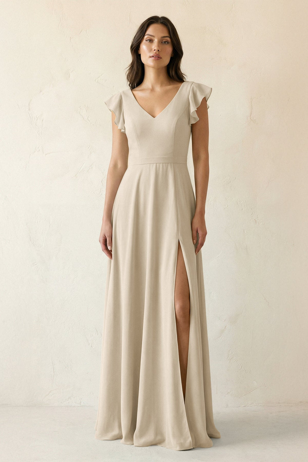 V - Neck Ruffled A - Line Chiffon Bridesmaid Dress in Champagne - SHE IS ME Bridesmaid Dresses