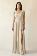V - Neck Ruffled A - Line Chiffon Bridesmaid Dress in Champagne - SHE IS ME Bridesmaid Dresses