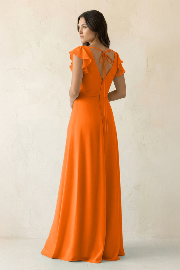 V - Neck Ruffled A - Line Chiffon Bridesmaid Dress in Cinnamon - SHE IS ME Bridesmaid Dresses