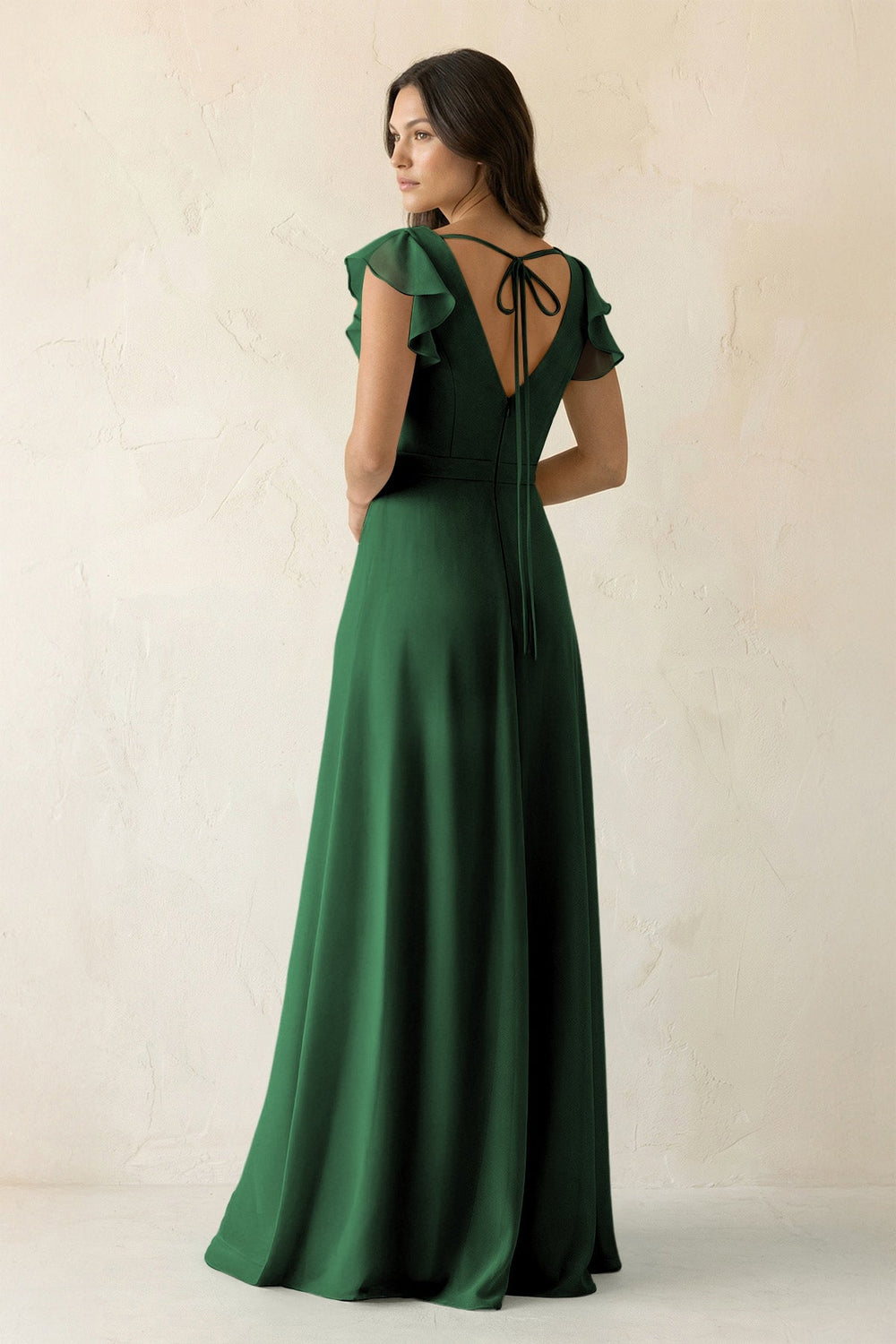 V - Neck Ruffled A - Line Chiffon Bridesmaid Dress in Dark Green - SHE IS ME Bridesmaid Dresses