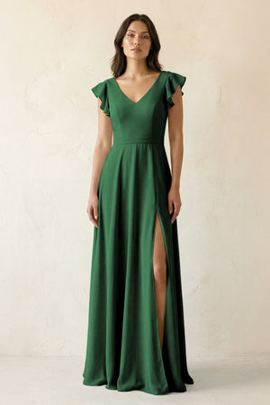 V - Neck Ruffled A - Line Chiffon Bridesmaid Dress in Dark Green - SHE IS ME Bridesmaid Dresses