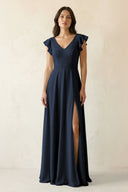 V - Neck Ruffled A - Line Chiffon Bridesmaid Dress in Dark Navy - SHE IS ME Bridesmaid Dresses