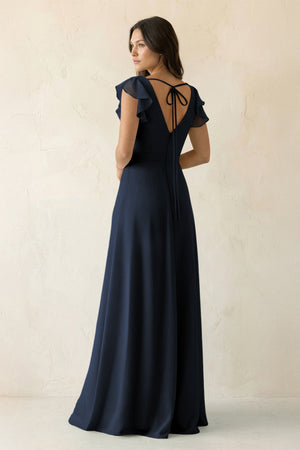 V - Neck Ruffled A - Line Chiffon Bridesmaid Dress in Dark Navy - SHE IS ME Bridesmaid Dresses