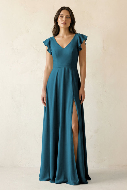 V - Neck Ruffled A - Line Chiffon Bridesmaid Dress in Dark Teal - SHE IS ME Bridesmaid Dresses