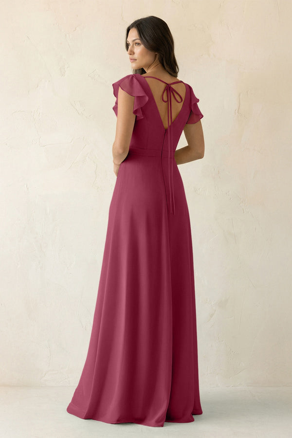 V - Neck Ruffled A - Line Chiffon Bridesmaid Dress in Desert Rose - SHE IS ME Bridesmaid Dresses