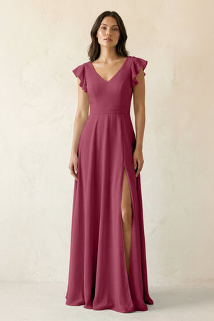 V - Neck Ruffled A - Line Chiffon Bridesmaid Dress in Desert Rose - SHE IS ME Bridesmaid Dresses