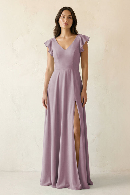 V - Neck Ruffled A - Line Chiffon Bridesmaid Dress in Dusk - SHE IS ME Bridesmaid Dresses