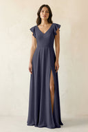 V - Neck Ruffled A - Line Chiffon Bridesmaid Dress in Dusk Blue - SHE IS ME Bridesmaid Dresses