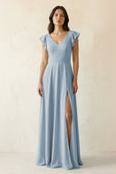 V - Neck Ruffled A - Line Chiffon Bridesmaid Dress in Dusty Blue - SHE IS ME Bridesmaid Dresses
