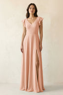 V - Neck Ruffled A - Line Chiffon Bridesmaid Dress in English Rose - SHE IS ME Bridesmaid Dresses
