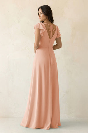 V - Neck Ruffled A - Line Chiffon Bridesmaid Dress in English Rose - SHE IS ME Bridesmaid Dresses
