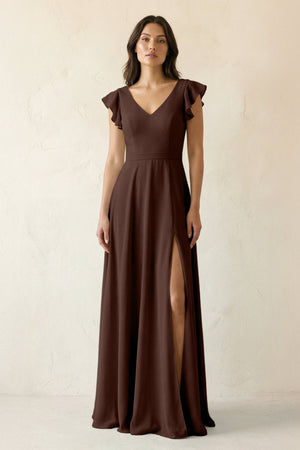 V - Neck Ruffled A - Line Chiffon Bridesmaid Dress in Espresso - SHE IS ME Bridesmaid Dresses