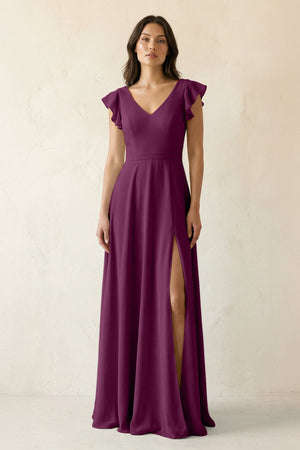 V - Neck Ruffled A - Line Chiffon Bridesmaid Dress in Fig - SHE IS ME Bridesmaid Dresses