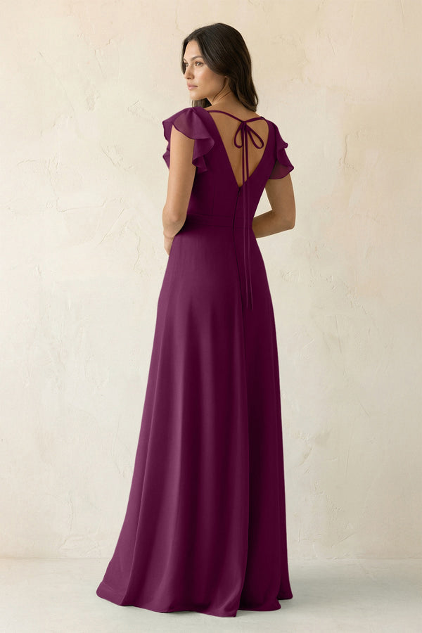 V - Neck Ruffled A - Line Chiffon Bridesmaid Dress in Fig - SHE IS ME Bridesmaid Dresses