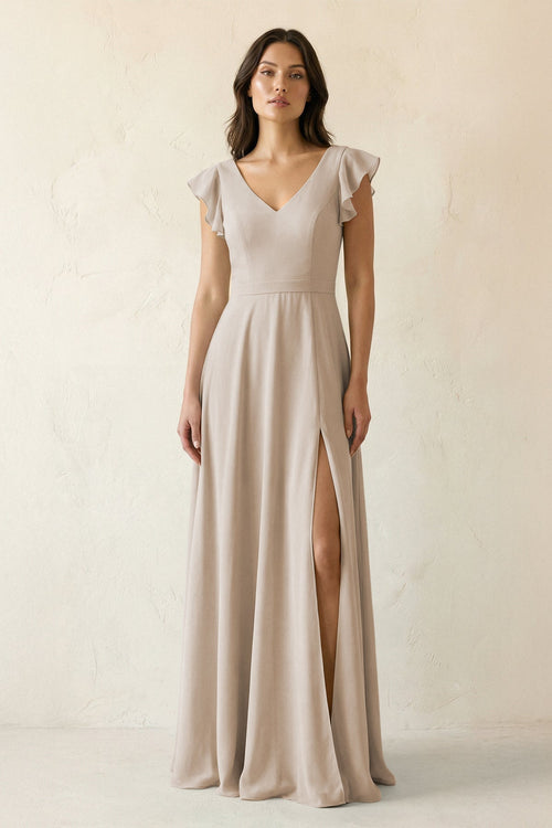 V - Neck Ruffled A - Line Chiffon Bridesmaid Dress in Frost - SHE IS ME Bridesmaid Dresses