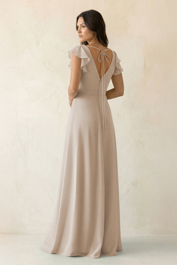V - Neck Ruffled A - Line Chiffon Bridesmaid Dress in Frost - SHE IS ME Bridesmaid Dresses