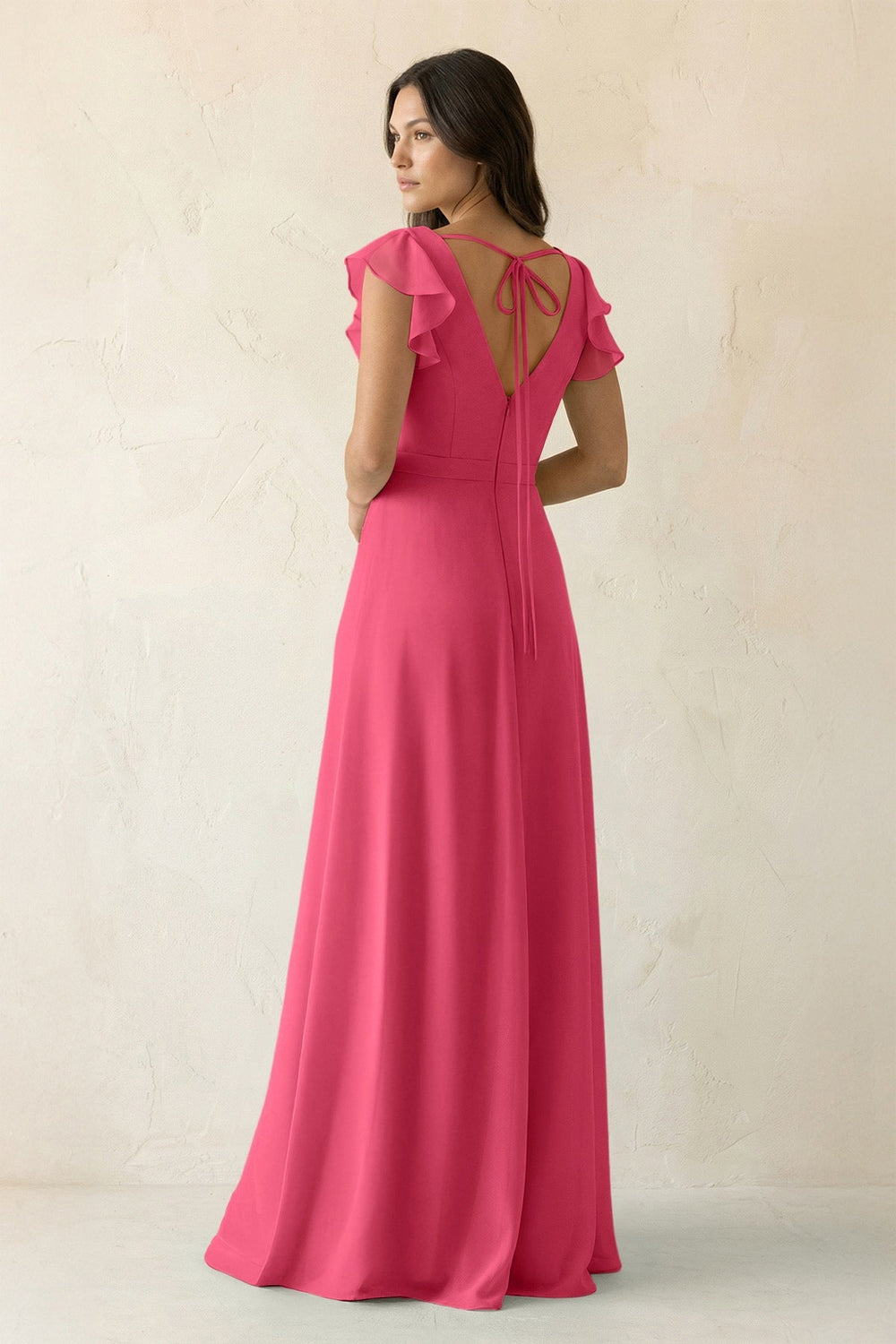 V - Neck Ruffled A - Line Chiffon Bridesmaid Dress in Fuchsia - SHE IS ME Bridesmaid Dresses