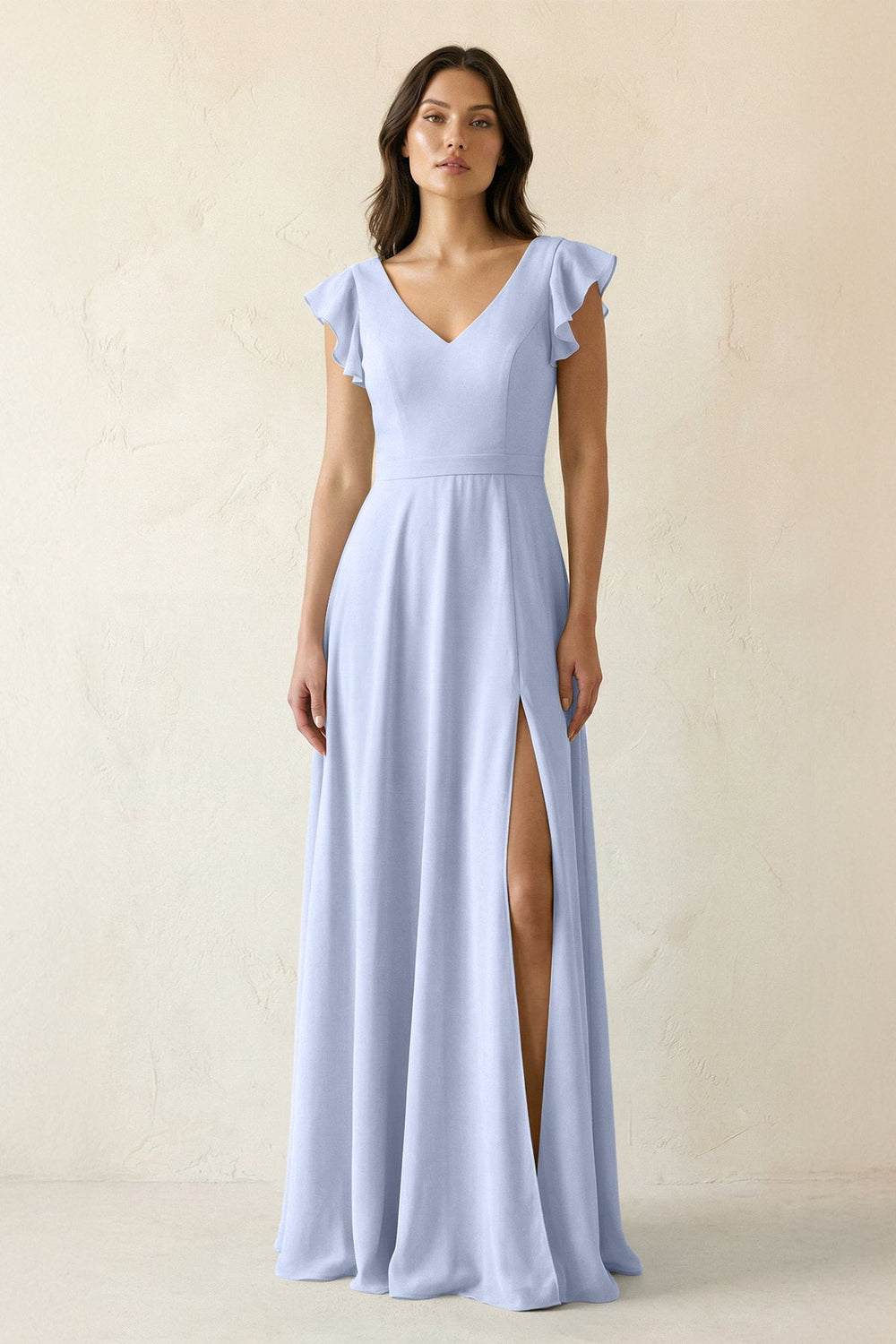 V - Neck Ruffled A - Line Chiffon Bridesmaid Dress in Ice - SHE IS ME Bridesmaid Dresses