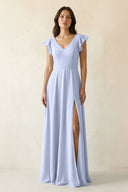 V - Neck Ruffled A - Line Chiffon Bridesmaid Dress in Ice - SHE IS ME Bridesmaid Dresses