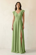 V - Neck Ruffled A - Line Chiffon Bridesmaid Dress in Matcha - SHE IS ME Bridesmaid Dresses