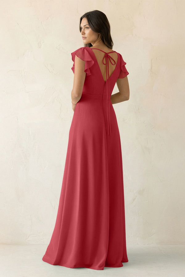 V - Neck Ruffled A - Line Chiffon Bridesmaid Dress in Merlot - SHE IS ME Bridesmaid Dresses