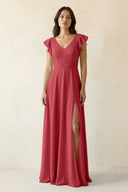 V - Neck Ruffled A - Line Chiffon Bridesmaid Dress in Merlot - SHE IS ME Bridesmaid Dresses