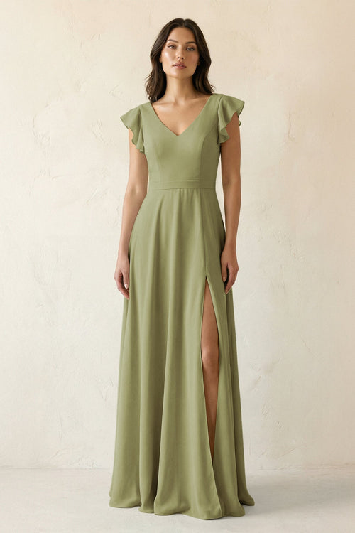 V - Neck Ruffled A - Line Chiffon Bridesmaid Dress in Moss Green - SHE IS ME Bridesmaid Dresses