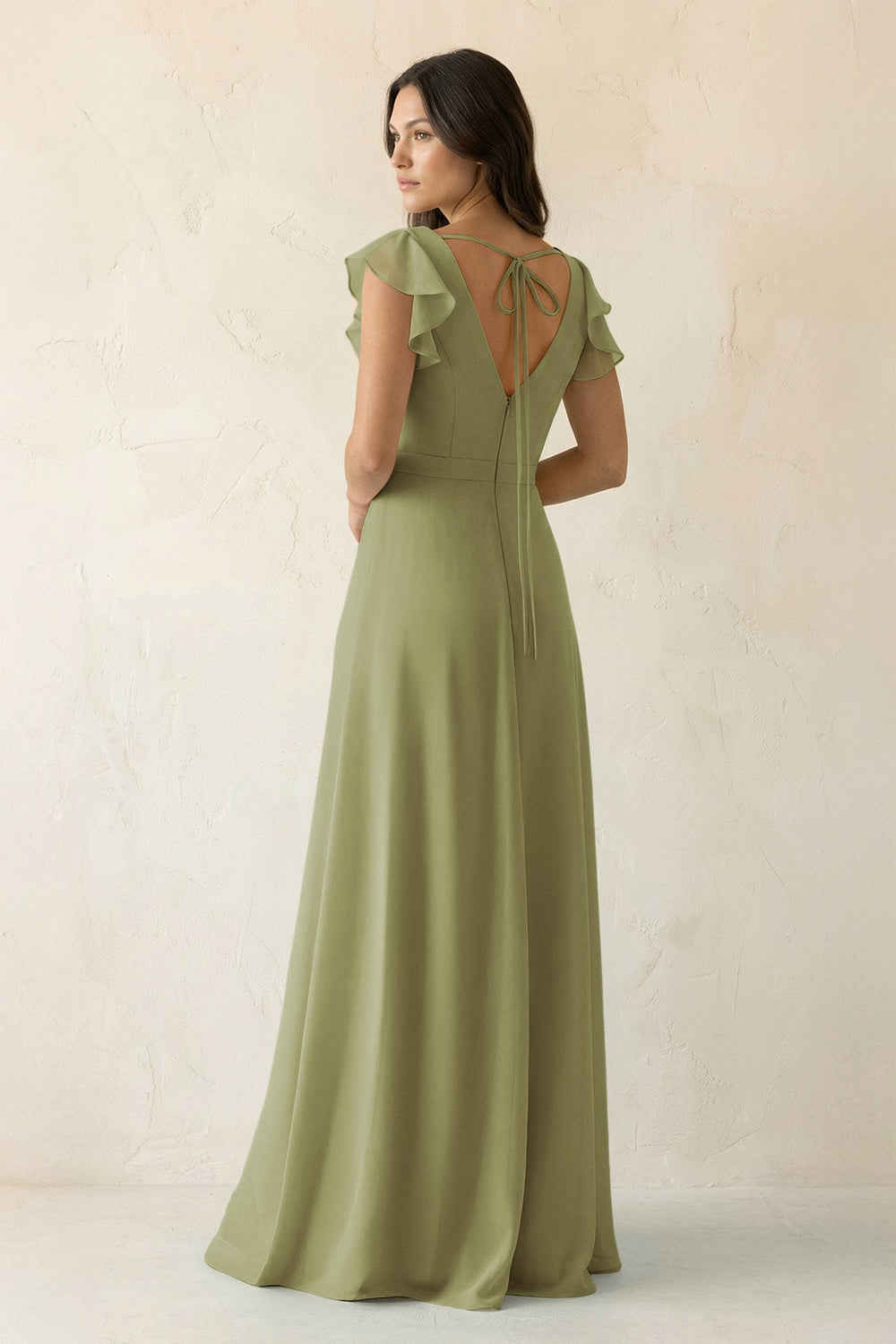 V - Neck Ruffled A - Line Chiffon Bridesmaid Dress in Moss Green - SHE IS ME Bridesmaid Dresses