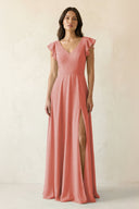 V - Neck Ruffled A - Line Chiffon Bridesmaid Dress in Mulberry - SHE IS ME Bridesmaid Dresses