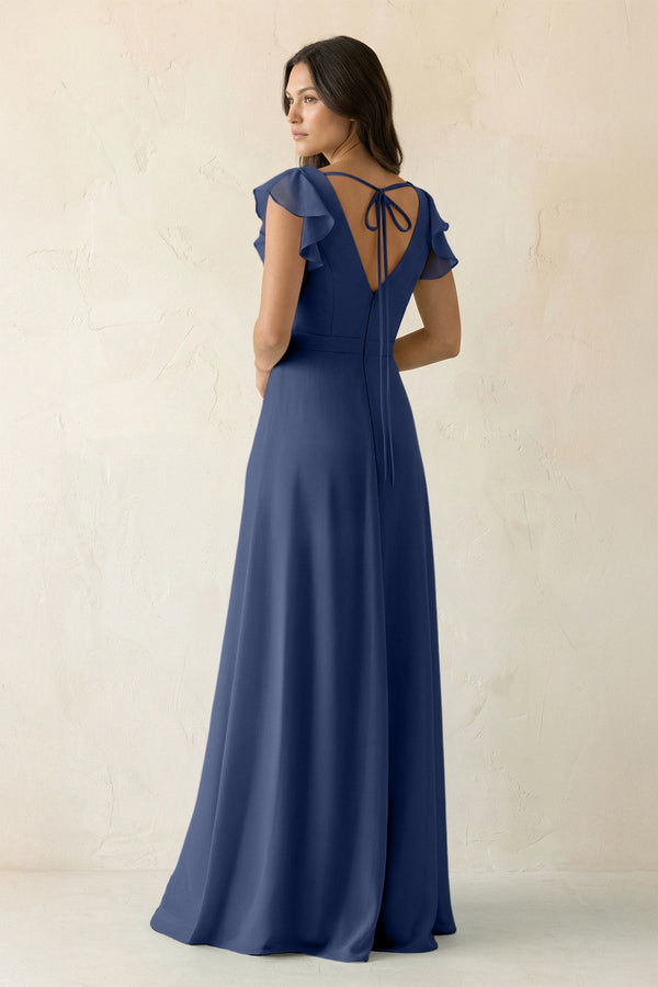 V - Neck Ruffled A - Line Chiffon Bridesmaid Dress in Navy - SHE IS ME Bridesmaid Dresses