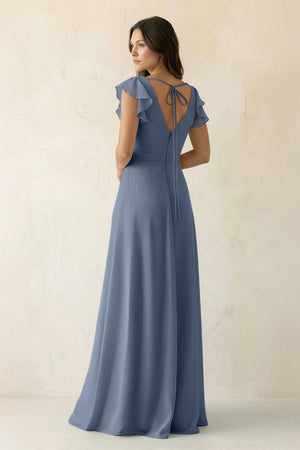 V - Neck Ruffled A - Line Chiffon Bridesmaid Dress in Neptune - SHE IS ME Bridesmaid Dresses