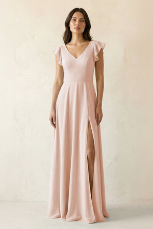 V - Neck Ruffled A - Line Chiffon Bridesmaid Dress in Pale Blush - SHE IS ME Bridesmaid Dresses