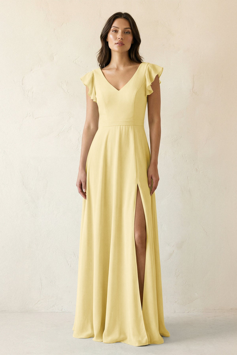 V - Neck Ruffled A - Line Chiffon Bridesmaid Dress in Pastel Yellow - SHE IS ME Bridesmaid Dresses