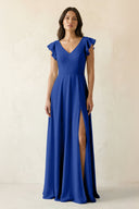 V - Neck Ruffled A - Line Chiffon Bridesmaid Dress in Royal Blue - SHE IS ME Bridesmaid Dresses